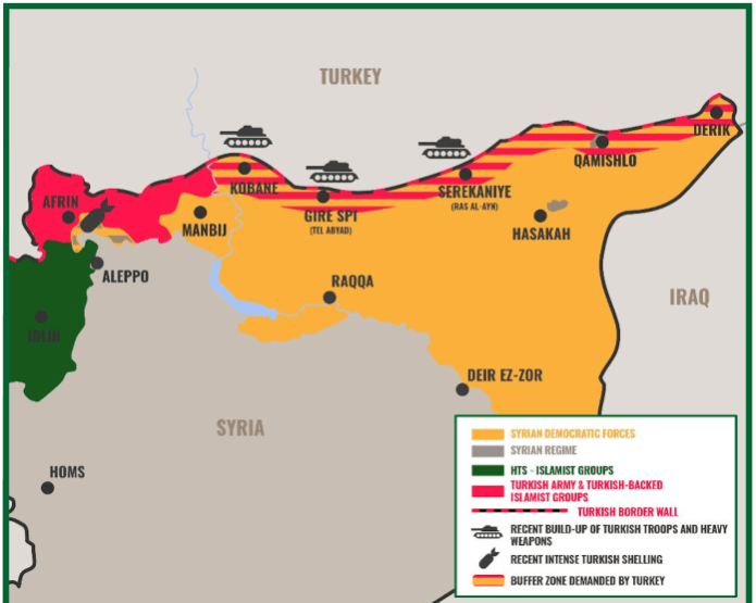 Carte des territoires gérés par l'Administration autonome du Nord et de l'Est de la Syrie (AANES)