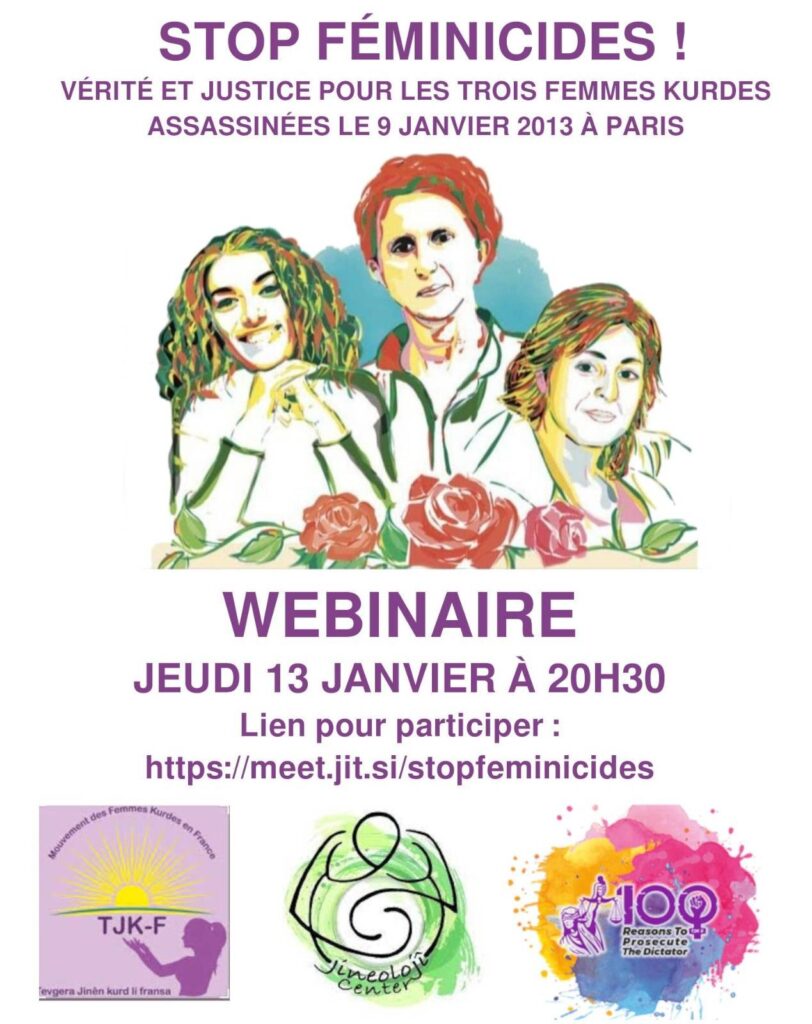 Webinaire sur l'affaire du triple assassinat des militantes kurdes exécutées à Paris le 9 janvier 2013 par le MIT.