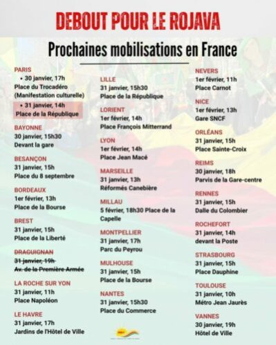Prochaines mobilisations en France pour le Rojava organisées pat le CDK-F