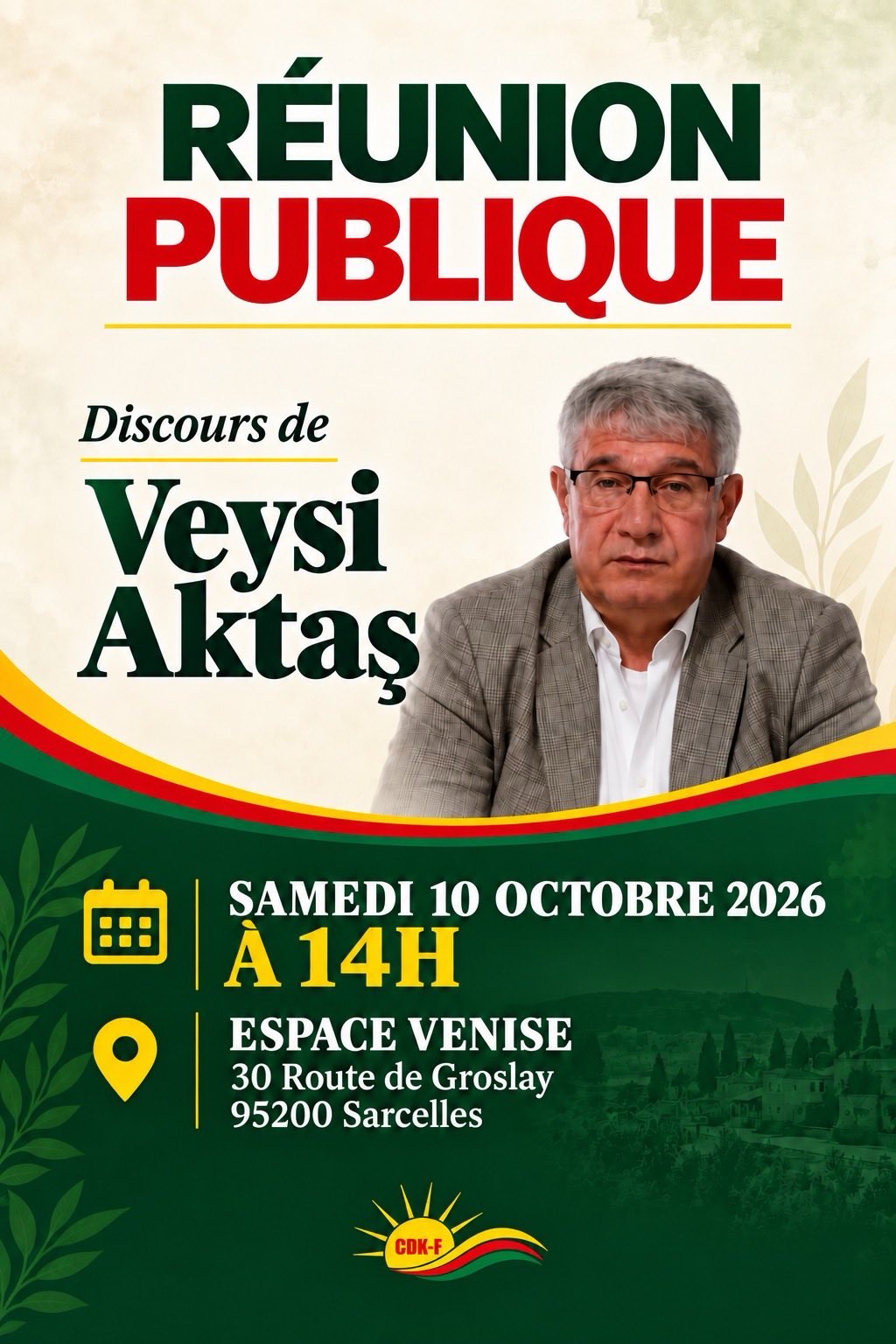 Affiche : Réunion publique avec Veysi Aktaş — Sarcelles — 10/10/2026